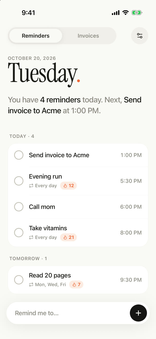 DuePing Today list with reminders and streaks