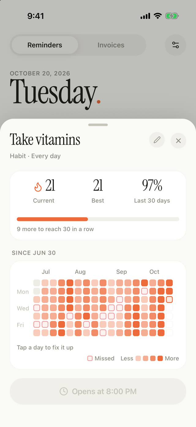 A habit contribution graph showing done and missed days