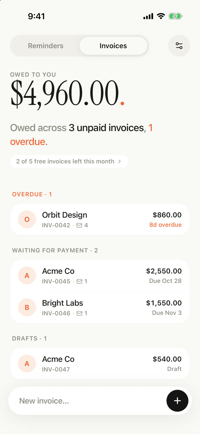 An overdue invoice highlighted in the invoices list